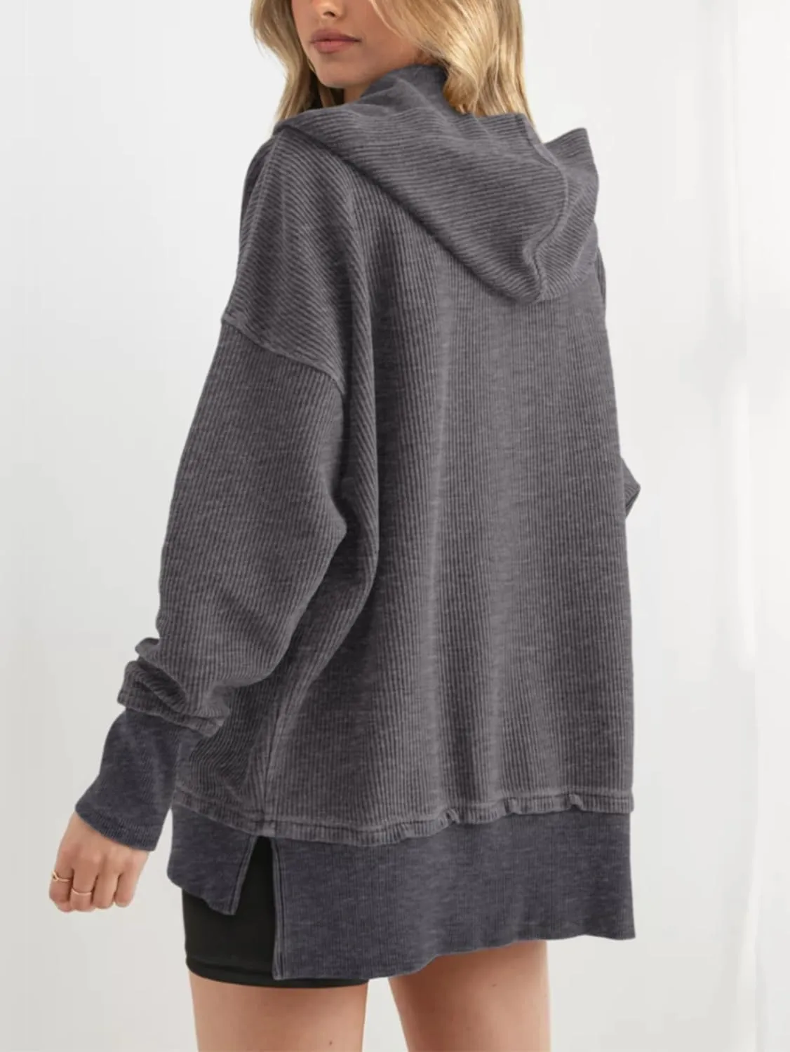 PRETTYGARDEN Womens Fashion 2025 Oversized Long Sleeve Hoodie Button Down V Neck Sweatshirt Side Slit Casual Pullover Tops