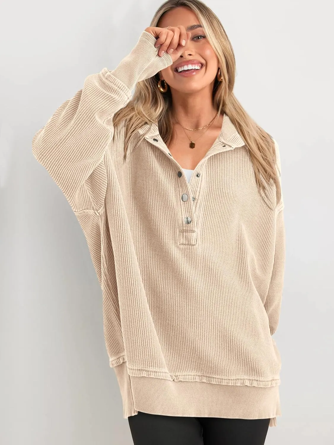 PRETTYGARDEN Womens Fashion 2025 Oversized Long Sleeve Hoodie Button Down V Neck Sweatshirt Side Slit Casual Pullover Tops