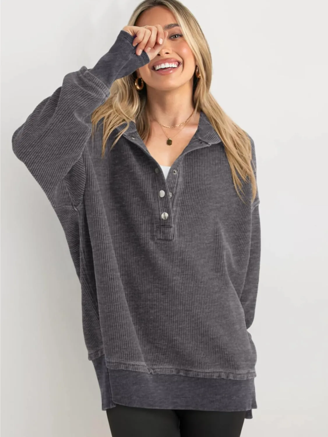 PRETTYGARDEN Womens Fashion 2025 Oversized Long Sleeve Hoodie Button Down V Neck Sweatshirt Side Slit Casual Pullover Tops