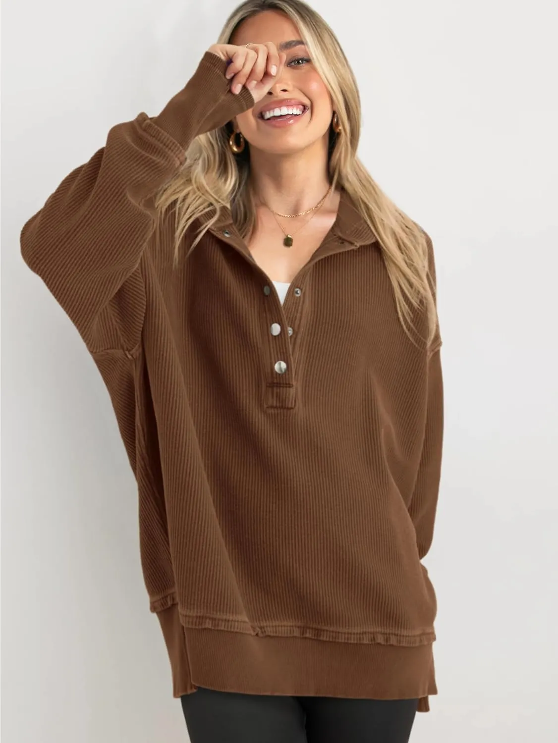 PRETTYGARDEN Womens Fashion 2025 Oversized Long Sleeve Hoodie Button Down V Neck Sweatshirt Side Slit Casual Pullover Tops