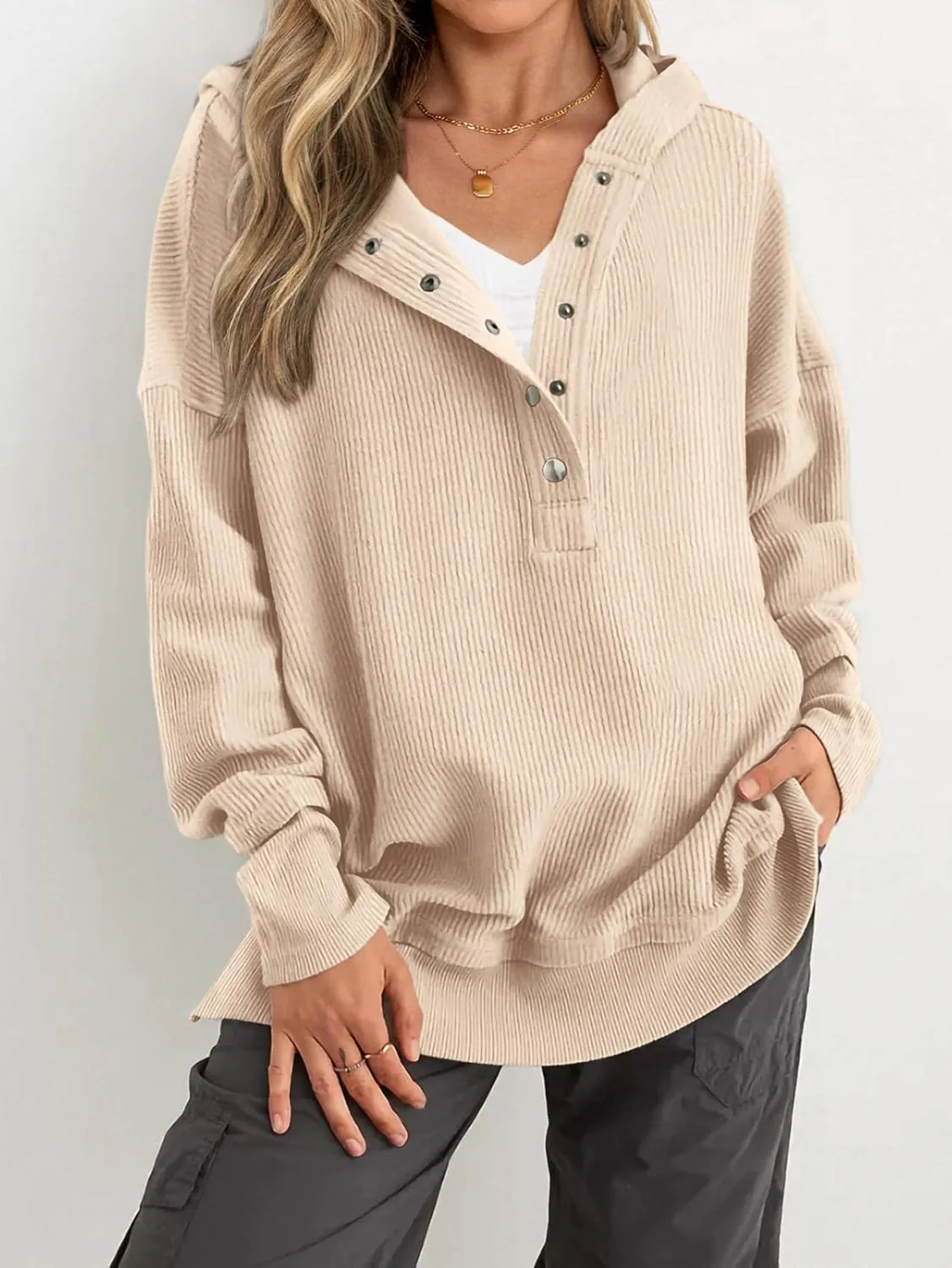 PRETTYGARDEN Womens Fashion 2025 Oversized Long Sleeve Hoodie Button Down V Neck Sweatshirt Side Slit Casual Pullover Tops