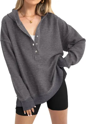 PRETTYGARDEN Womens Fashion 2025 Oversized Long Sleeve Hoodie Button Down V Neck Sweatshirt Side Slit Casual Pullover Tops