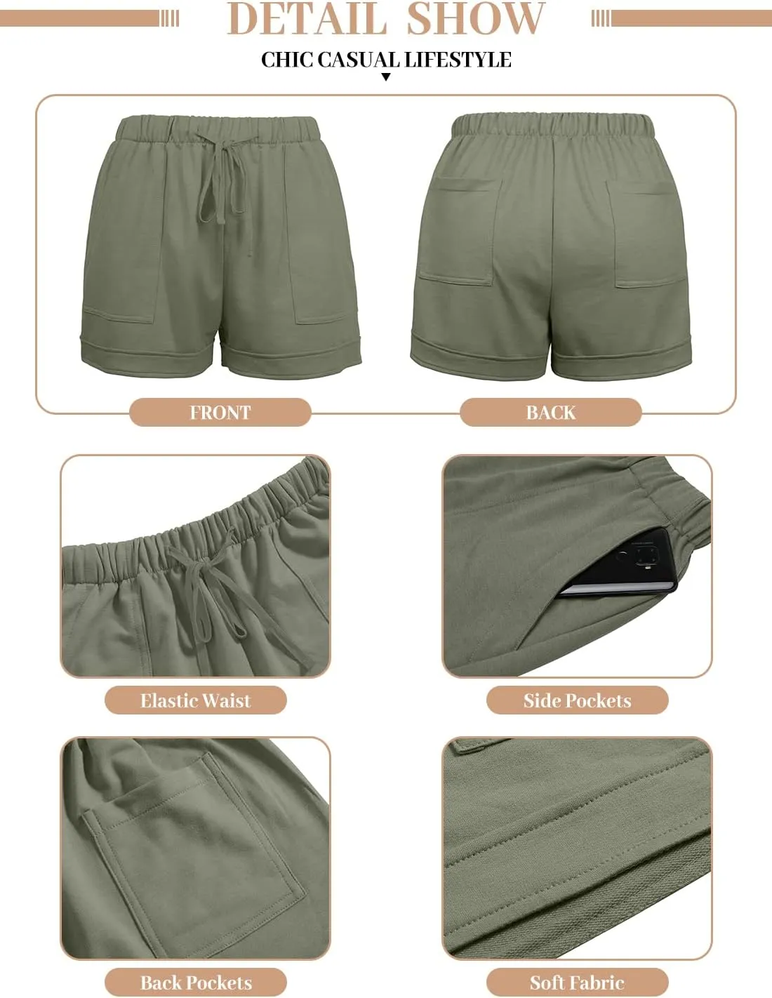 QUEEN PLUS Womens Casual Shorts Comfy Elastic Waist Drawstring Pocket Shorts Pants