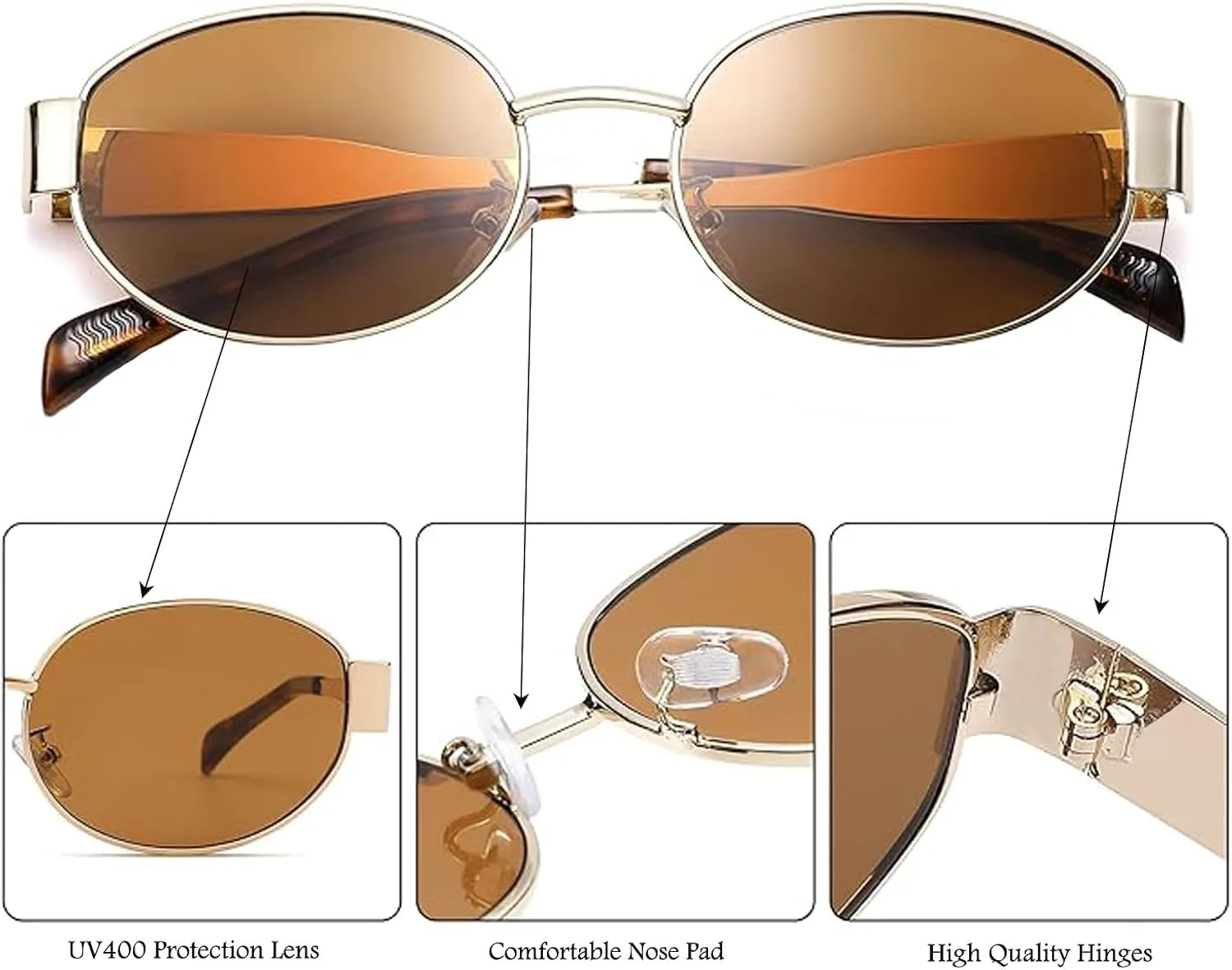 Retro Oval Sunglasses for Women,Trendy Sun Glasses Cool Vintage Gold Sunglasses Womens 90s UV400 Shades