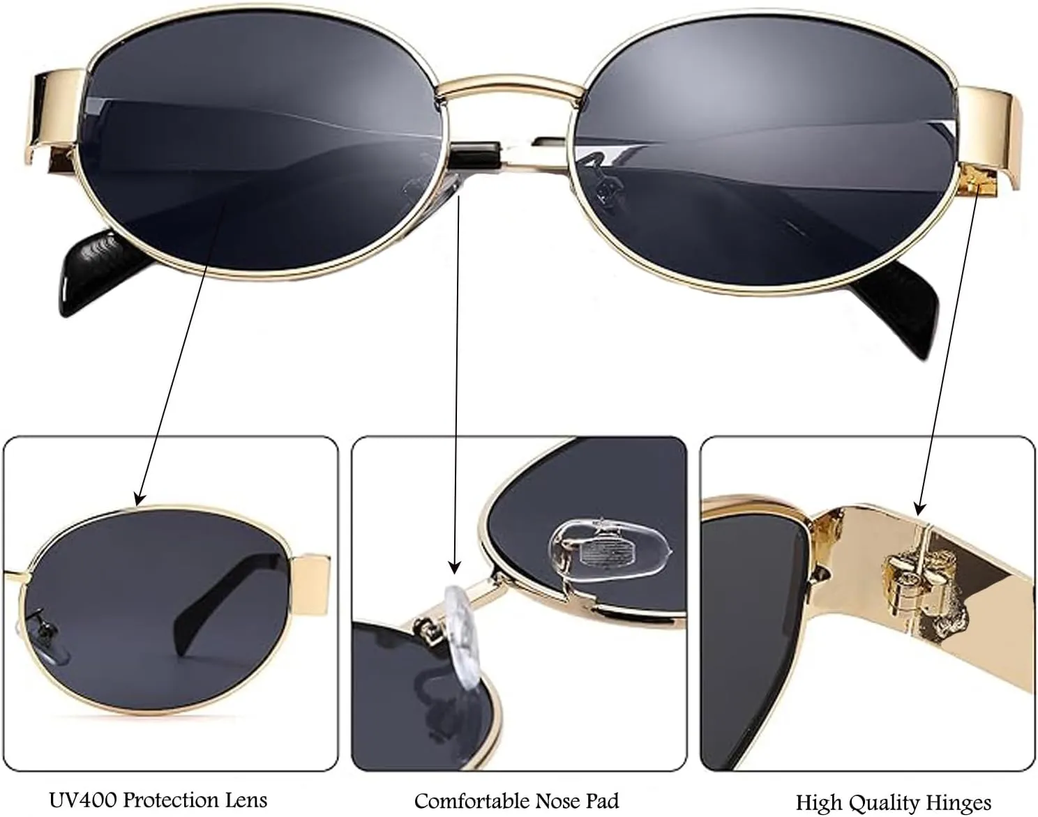 Retro Oval Sunglasses for Women,Trendy Sun Glasses Cool Vintage Gold Sunglasses Womens 90s UV400 Shades