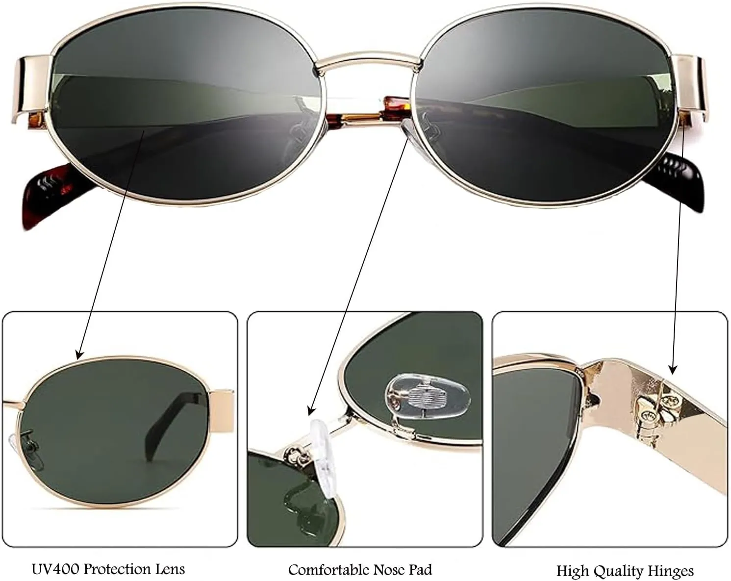 Retro Oval Sunglasses for Women,Trendy Sun Glasses Cool Vintage Gold Sunglasses Womens 90s UV400 Shades