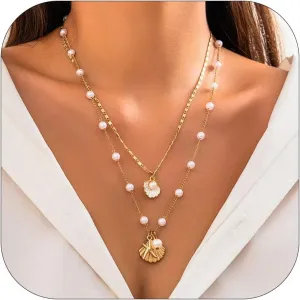 Seashell Necklace for Women Shell Necklace Summer Outfits for Women Adjustable Layered Sea Shell Charm Necklaces Beach Vacation Essentials Holiday Jewelry