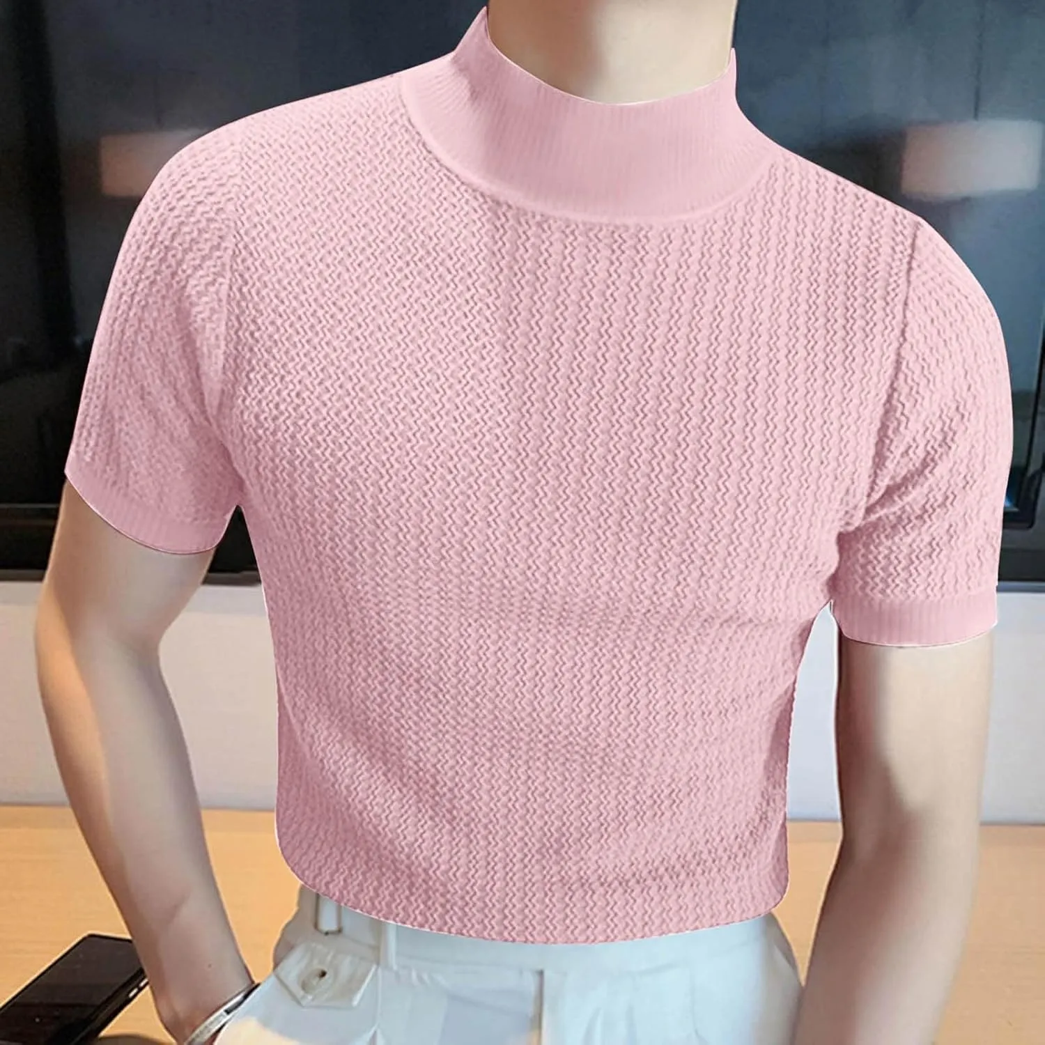 Short Sleeve Shirts for Men Basic Mock Turtleneck Regular Fit Undershirt Fall Thermal Pullover Solid Color Tops