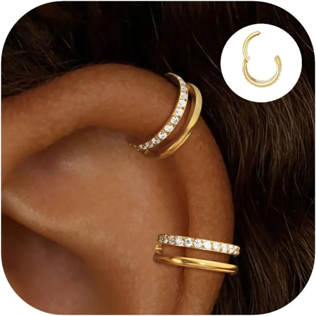 Small Cartilage Double-Hoop Helix Conch Piercing Earrings With Cubic Zirconia For Women Trendy 14K Gold Plated Titanium Surgical Stainless Steel Sets Jewelry