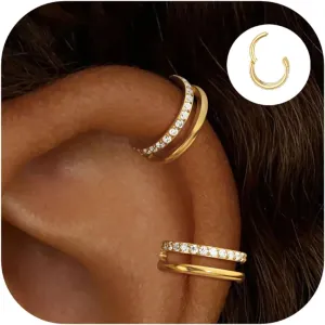 Small Cartilage Double-Hoop Helix Conch Piercing Earrings With Cubic Zirconia For Women Trendy 14K Gold Plated Titanium Surgical Stainless Steel Sets Jewelry