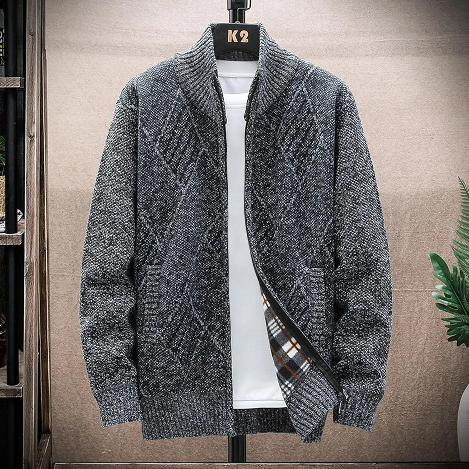 SMIDOW Men's Cardigan Sweaters Knitted Stand Collar Regular Fit Jacket Full Zip Fleece Lined Winter Warm Coat