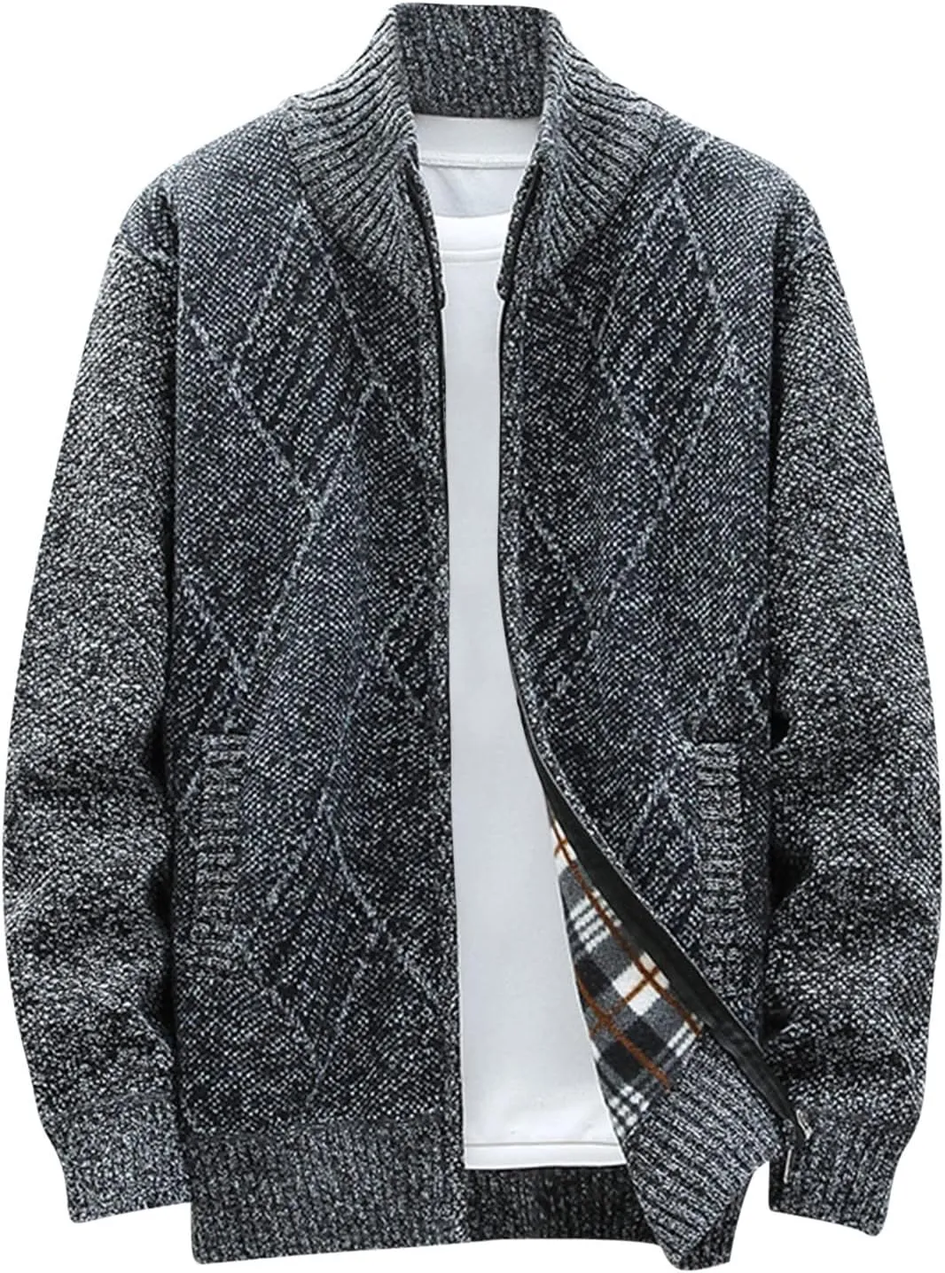 SMIDOW Men's Cardigan Sweaters Knitted Stand Collar Regular Fit Jacket Full Zip Fleece Lined Winter Warm Coat