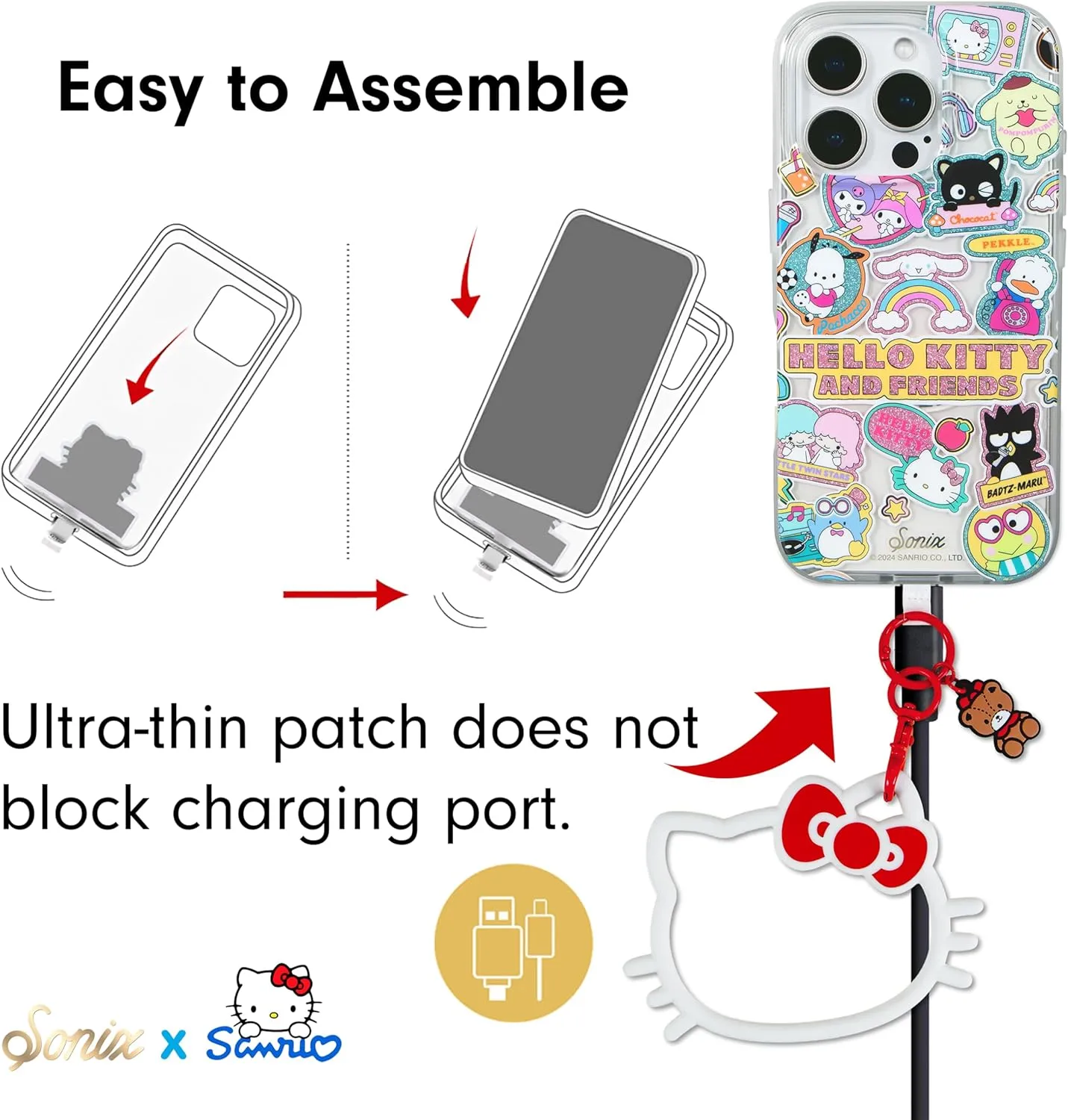 Sonix x Sanrio Phone Bangle Bracelet, Silicone Character Wristlet - Detachable Key Ring Bracelet with Tether Tab, Universal Compatibility | Hello Kitty