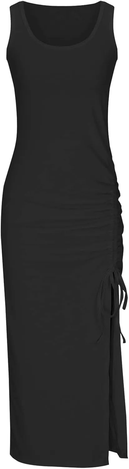 Summer Striped Maxi Dress Sleeveless Tank Dress Drawstring Split Long Dress Ruched Rib Knit Beach Vacation Dress