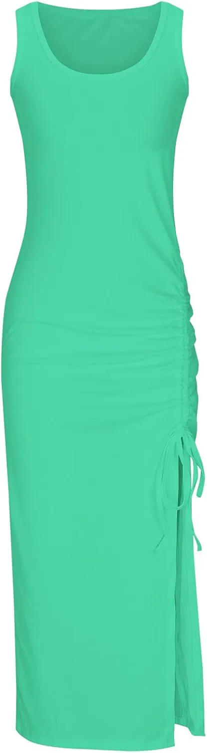 Summer Striped Maxi Dress Sleeveless Tank Dress Drawstring Split Long Dress Ruched Rib Knit Beach Vacation Dress