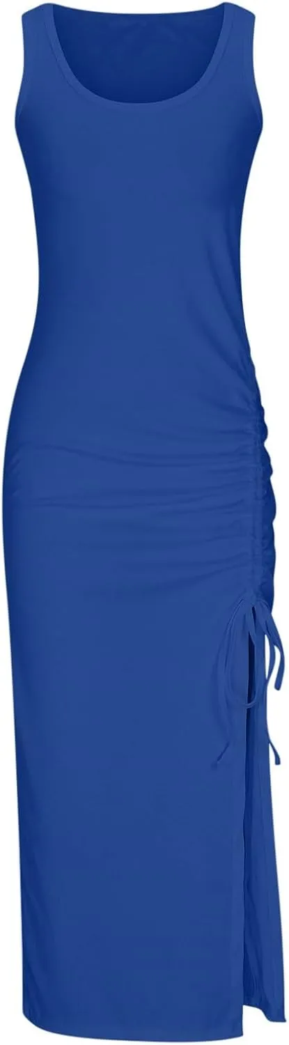 Summer Striped Maxi Dress Sleeveless Tank Dress Drawstring Split Long Dress Ruched Rib Knit Beach Vacation Dress