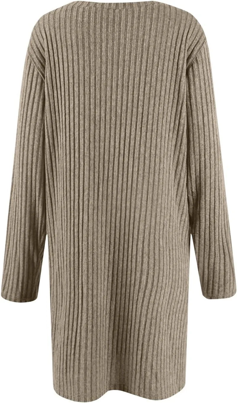 Sweater Dress for Women Fall Midi Dress Trendy Crewneck Long Sleeve Dress Casual Comfy Buttons Side Tunic Dress