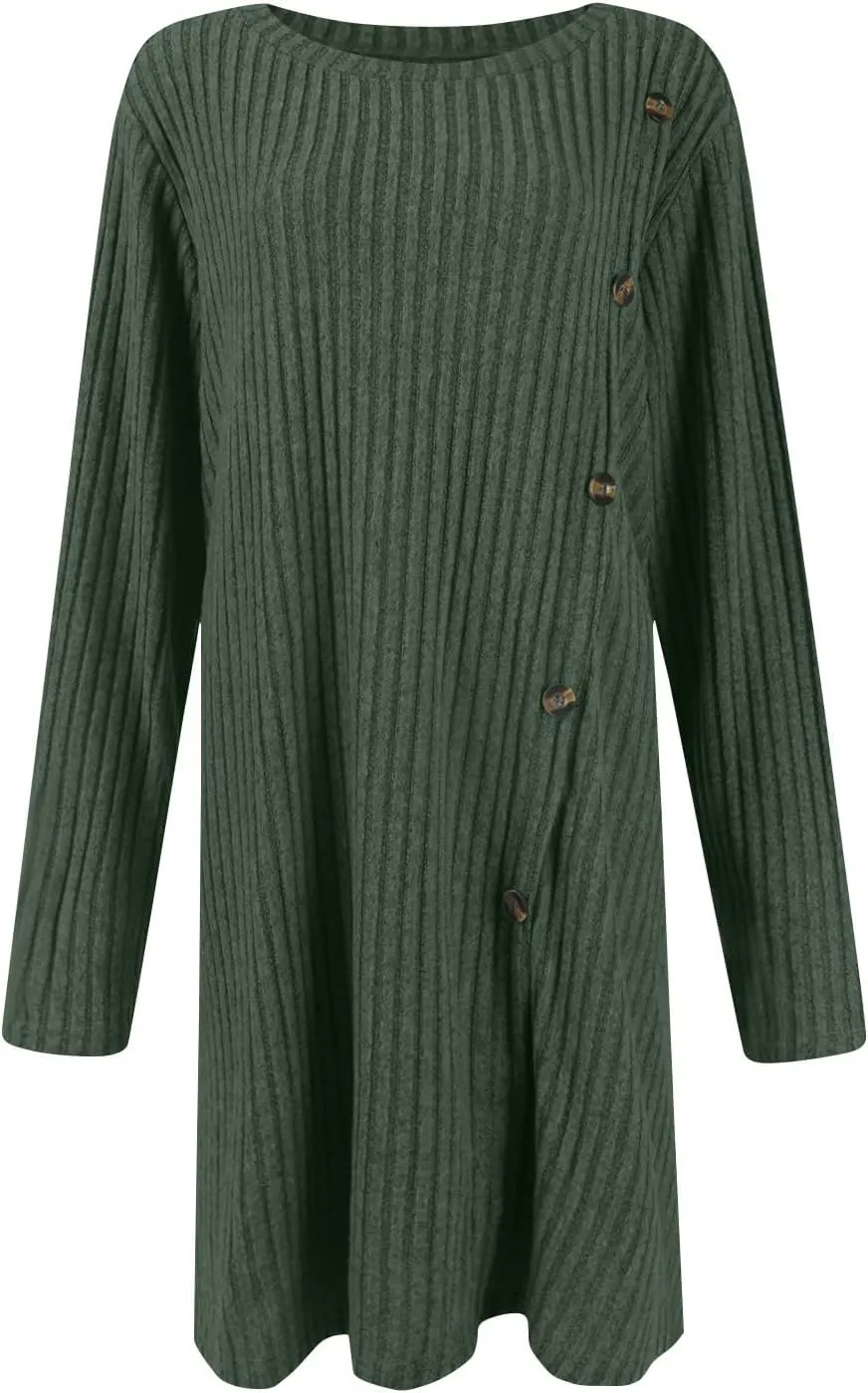 Sweater Dress for Women Fall Midi Dress Trendy Crewneck Long Sleeve Dress Casual Comfy Buttons Side Tunic Dress