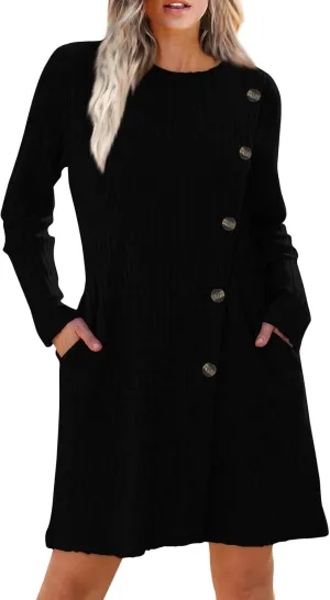 Sweater Dress for Women Fall Midi Dress Trendy Crewneck Long Sleeve Dress Casual Comfy Buttons Side Tunic Dress