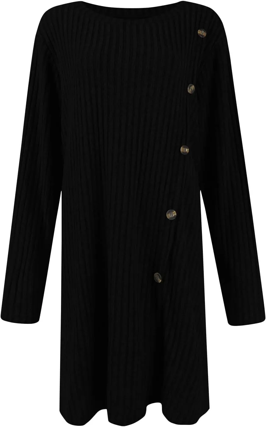 Sweater Dress for Women Fall Midi Dress Trendy Crewneck Long Sleeve Dress Casual Comfy Buttons Side Tunic Dress