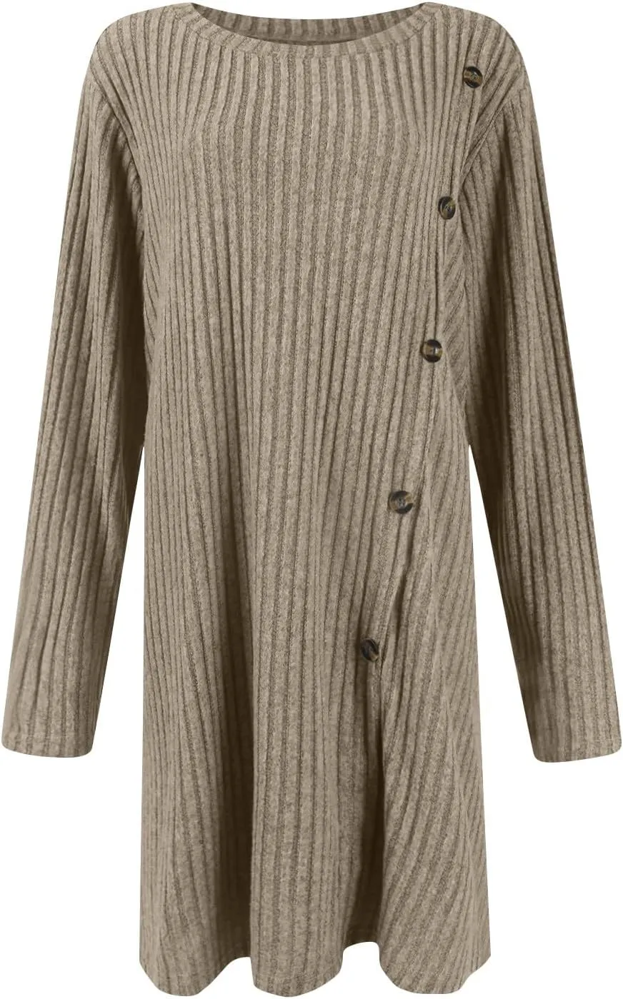 Sweater Dress for Women Fall Midi Dress Trendy Crewneck Long Sleeve Dress Casual Comfy Buttons Side Tunic Dress