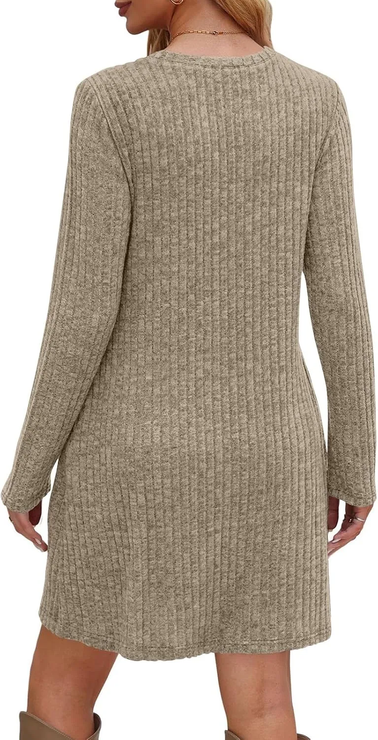 Sweater Dress for Women Fall Midi Dress Trendy Crewneck Long Sleeve Dress Casual Comfy Buttons Side Tunic Dress