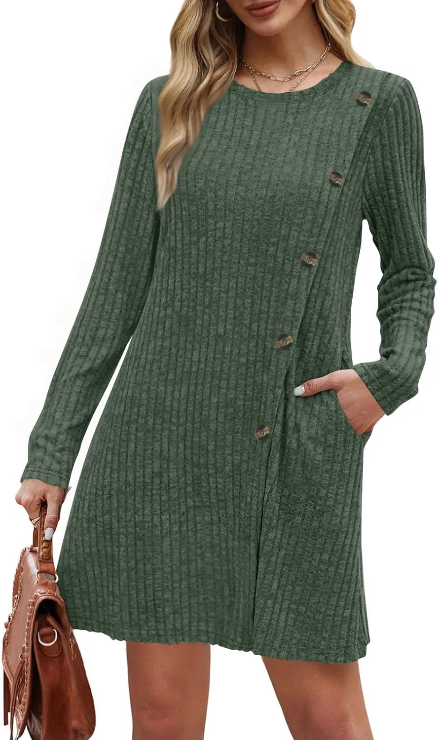 Sweater Dress for Women Fall Midi Dress Trendy Crewneck Long Sleeve Dress Casual Comfy Buttons Side Tunic Dress