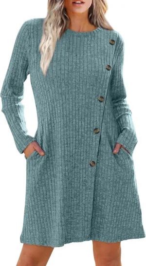 Sweater Dress for Women Fall Midi Dress Trendy Crewneck Long Sleeve Dress Casual Comfy Buttons Side Tunic Dress