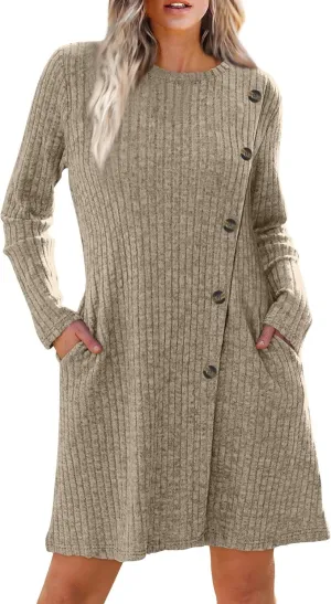 Sweater Dress for Women Fall Midi Dress Trendy Crewneck Long Sleeve Dress Casual Comfy Buttons Side Tunic Dress