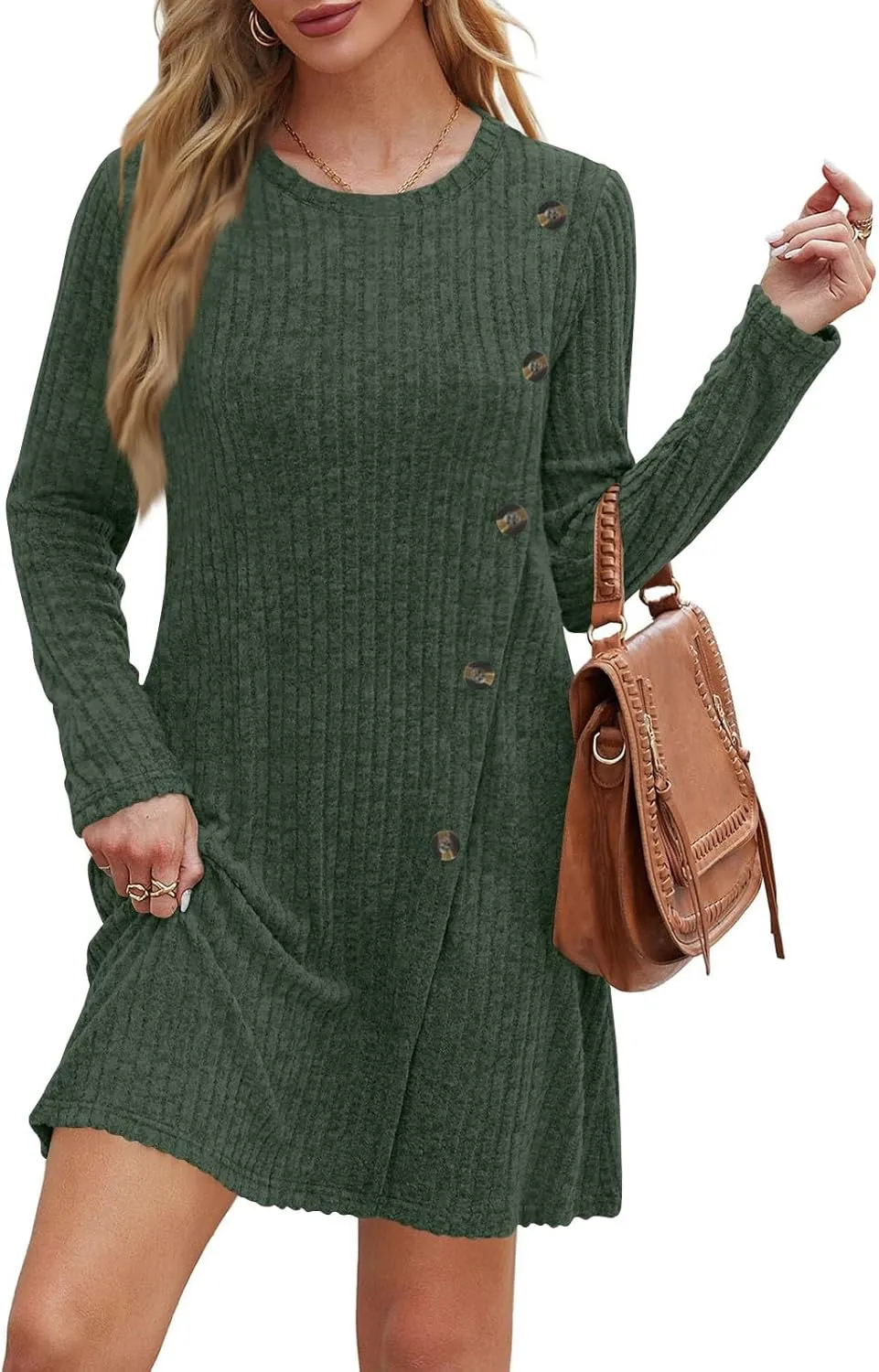 Sweater Dress for Women Fall Midi Dress Trendy Crewneck Long Sleeve Dress Casual Comfy Buttons Side Tunic Dress