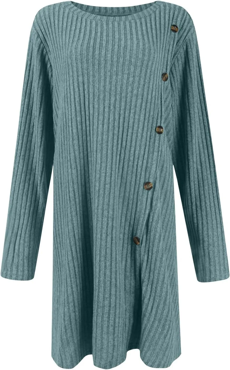 Sweater Dress for Women Fall Midi Dress Trendy Crewneck Long Sleeve Dress Casual Comfy Buttons Side Tunic Dress