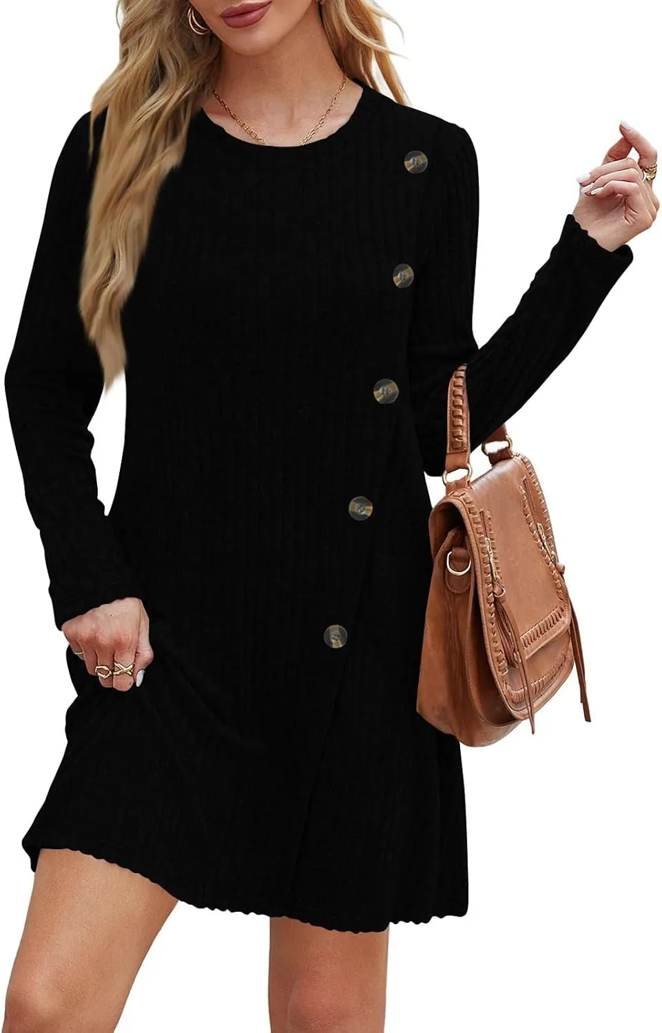 Sweater Dress for Women Fall Midi Dress Trendy Crewneck Long Sleeve Dress Casual Comfy Buttons Side Tunic Dress