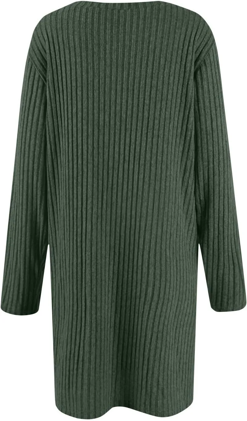 Sweater Dress for Women Fall Midi Dress Trendy Crewneck Long Sleeve Dress Casual Comfy Buttons Side Tunic Dress
