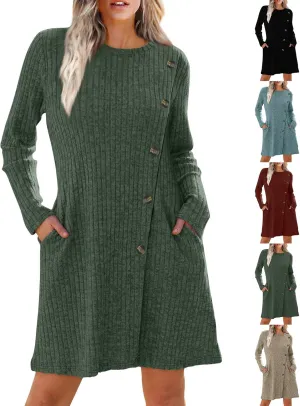Sweater Dress for Women Fall Midi Dress Trendy Crewneck Long Sleeve Dress Casual Comfy Buttons Side Tunic Dress