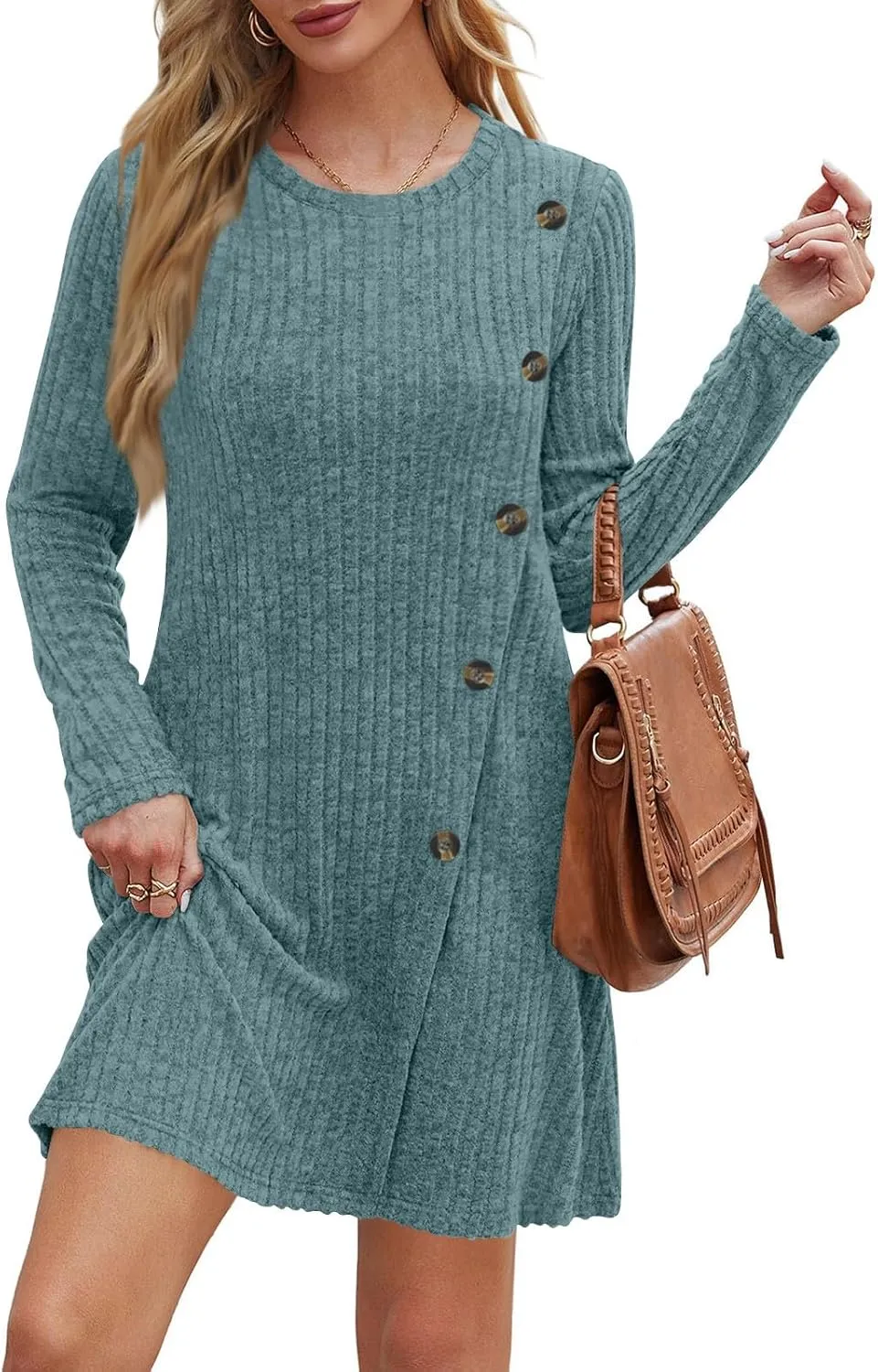Sweater Dress for Women Fall Midi Dress Trendy Crewneck Long Sleeve Dress Casual Comfy Buttons Side Tunic Dress