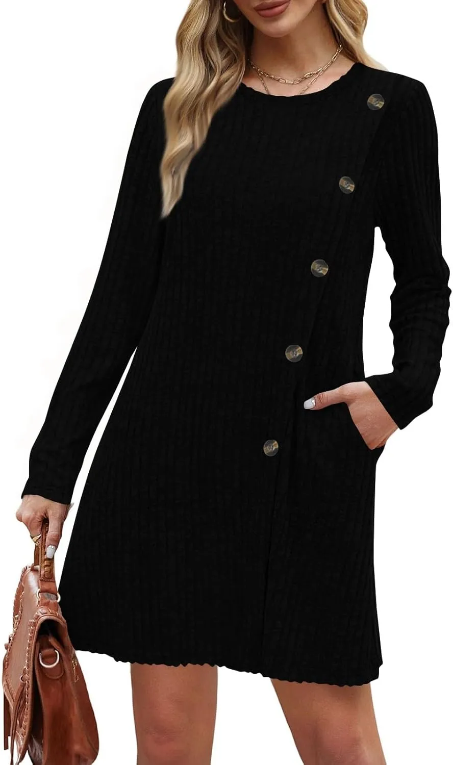 Sweater Dress for Women Fall Midi Dress Trendy Crewneck Long Sleeve Dress Casual Comfy Buttons Side Tunic Dress