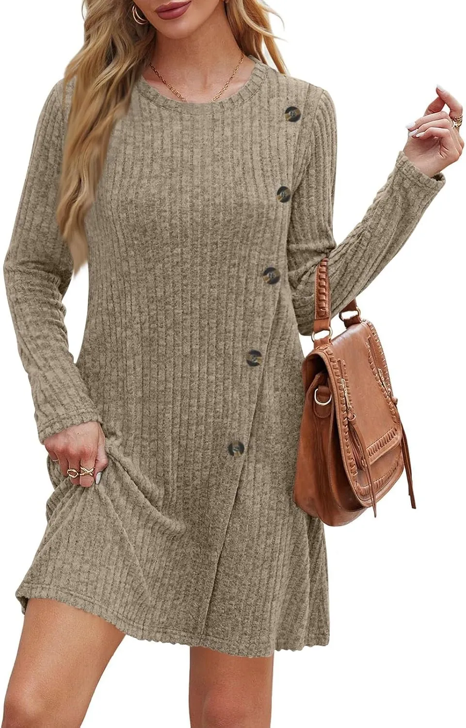Sweater Dress for Women Fall Midi Dress Trendy Crewneck Long Sleeve Dress Casual Comfy Buttons Side Tunic Dress