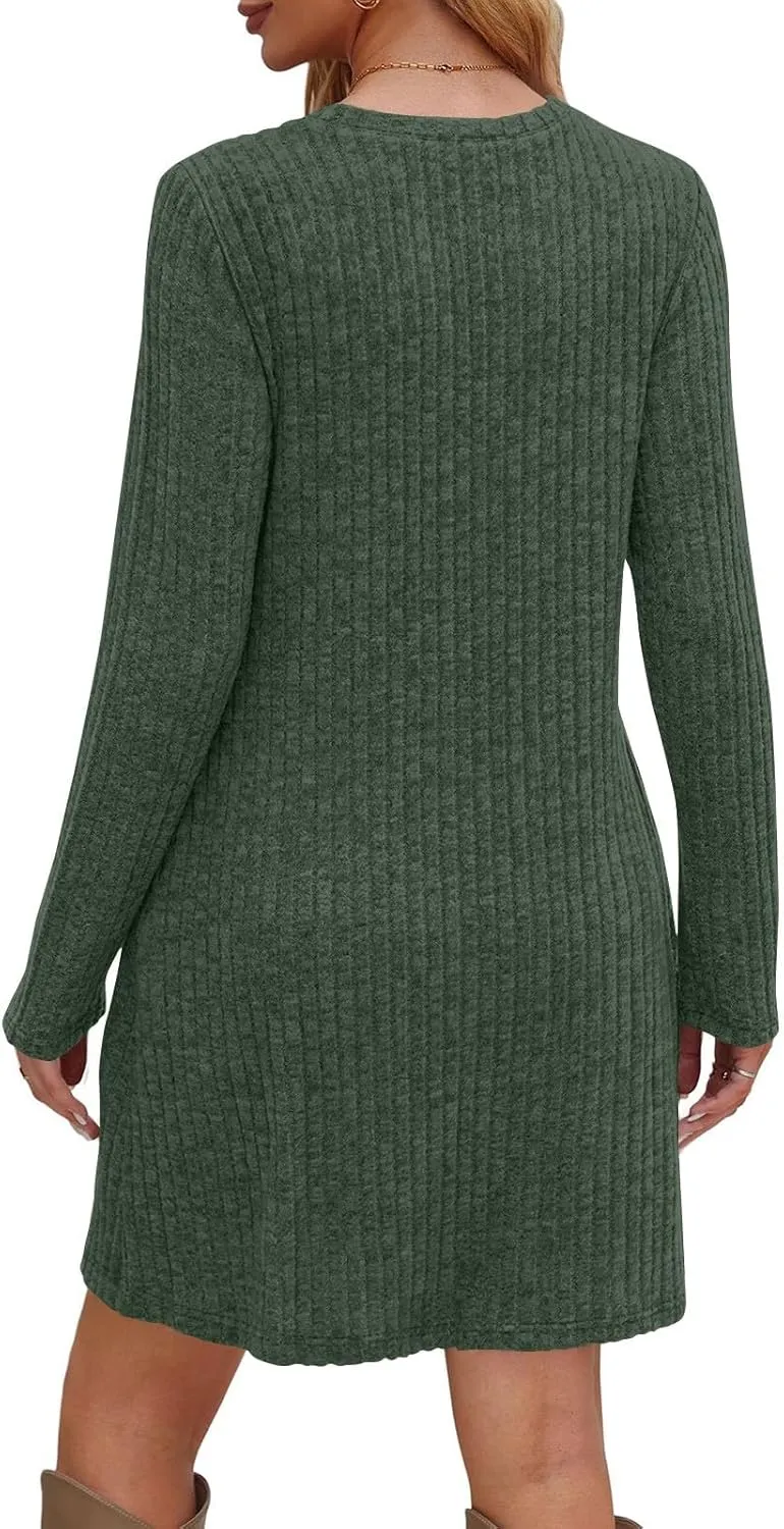 Sweater Dress for Women Fall Midi Dress Trendy Crewneck Long Sleeve Dress Casual Comfy Buttons Side Tunic Dress