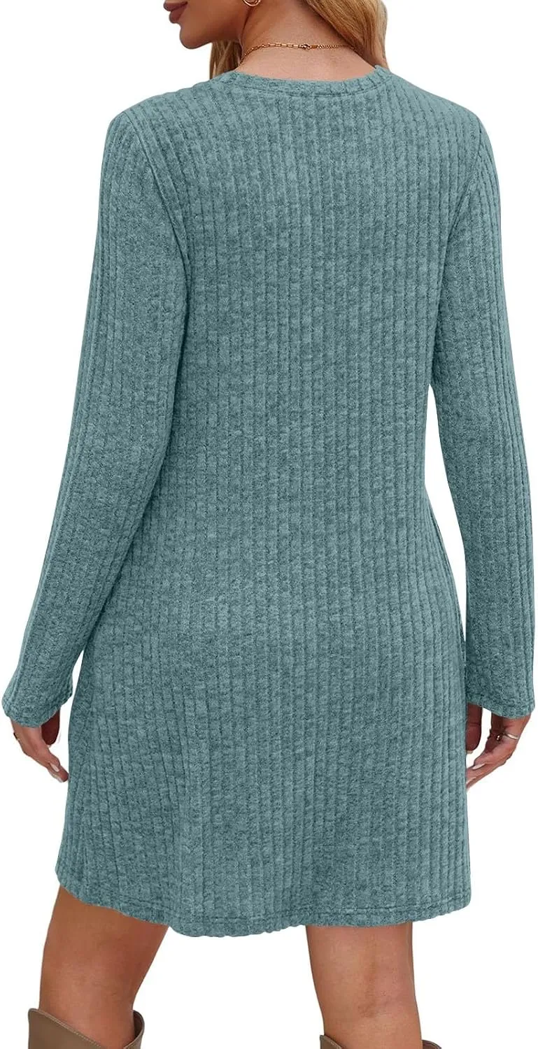 Sweater Dress for Women Fall Midi Dress Trendy Crewneck Long Sleeve Dress Casual Comfy Buttons Side Tunic Dress