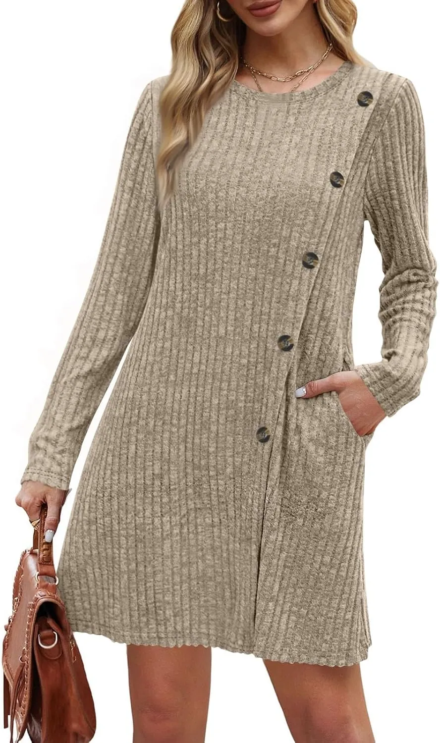 Sweater Dress for Women Fall Midi Dress Trendy Crewneck Long Sleeve Dress Casual Comfy Buttons Side Tunic Dress