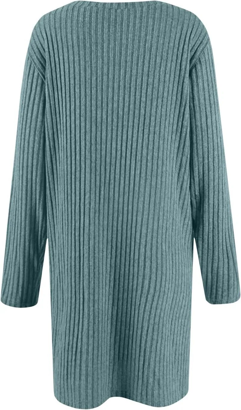 Sweater Dress for Women Fall Midi Dress Trendy Crewneck Long Sleeve Dress Casual Comfy Buttons Side Tunic Dress