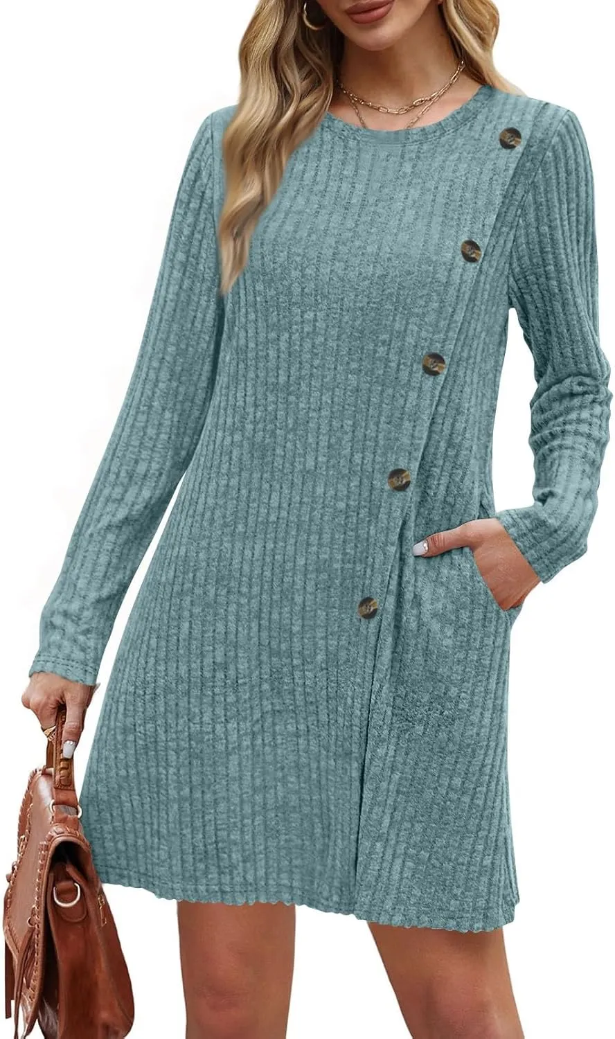 Sweater Dress for Women Fall Midi Dress Trendy Crewneck Long Sleeve Dress Casual Comfy Buttons Side Tunic Dress