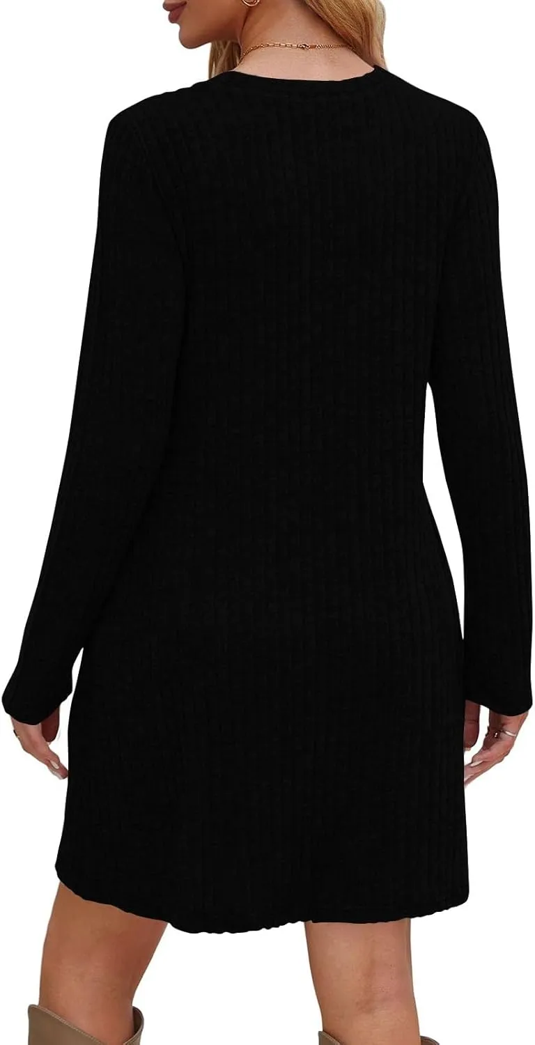 Sweater Dress for Women Fall Midi Dress Trendy Crewneck Long Sleeve Dress Casual Comfy Buttons Side Tunic Dress