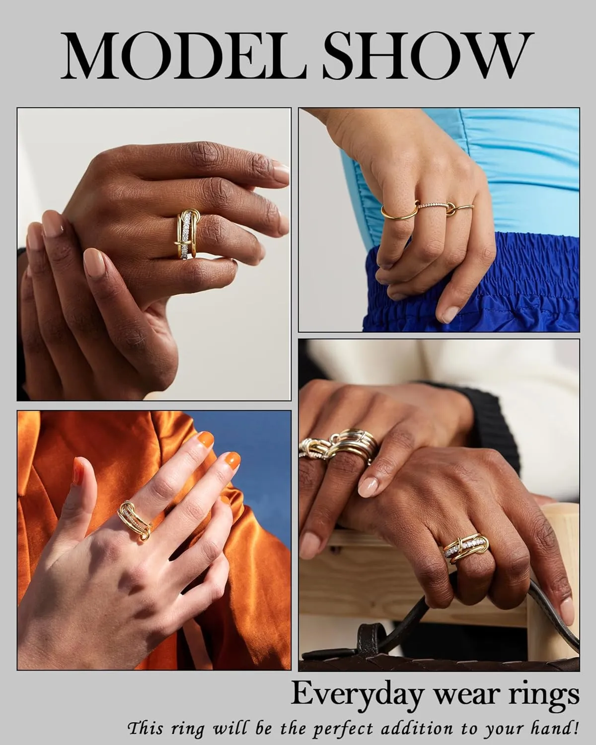 TLY Stackable Rings for Women Non Tarnish 18K Gold Plated Interlocking Ring Stack Set Gold Silver Mixed Metal Statement Rings Dainty Cubic Zirconia CZ Fashion Connected Band Thumb Ring Size 4-11 Jewelry Gift for Women