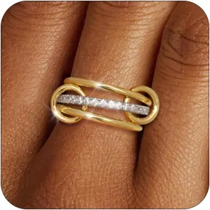 TLY Stackable Rings for Women Non Tarnish 18K Gold Plated Interlocking Ring Stack Set Gold Silver Mixed Metal Statement Rings Dainty Cubic Zirconia CZ Fashion Connected Band Thumb Ring Size 4-11 Jewelry Gift for Women