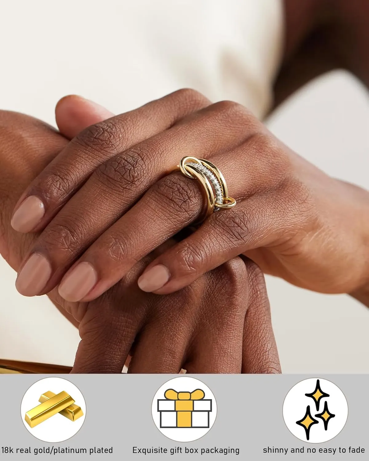 TLY Stackable Rings for Women Non Tarnish 18K Gold Plated Interlocking Ring Stack Set Gold Silver Mixed Metal Statement Rings Dainty Cubic Zirconia CZ Fashion Connected Band Thumb Ring Size 4-11 Jewelry Gift for Women