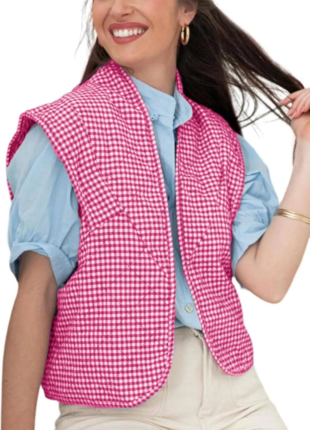 VAOYIU Womens Cropped Puffer Vest Lightweight Sleeveless Plaid Printed Cotton Quilted Vest Outwear