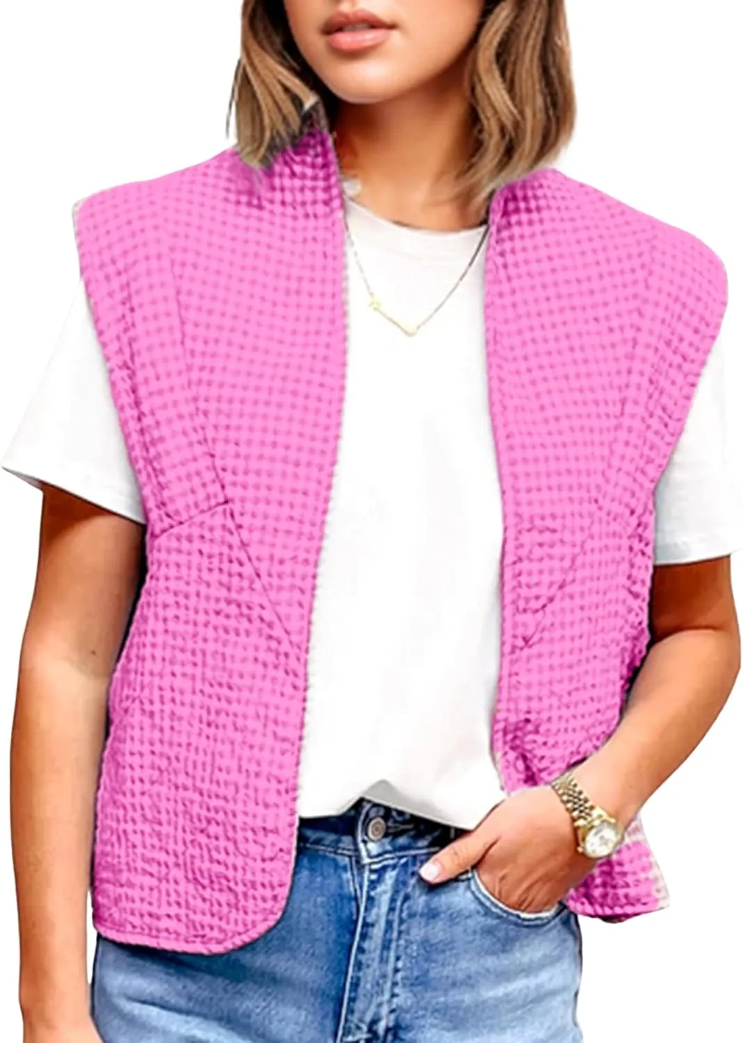VAOYIU Womens Cropped Puffer Vest Lightweight Sleeveless Plaid Printed Cotton Quilted Vest Outwear