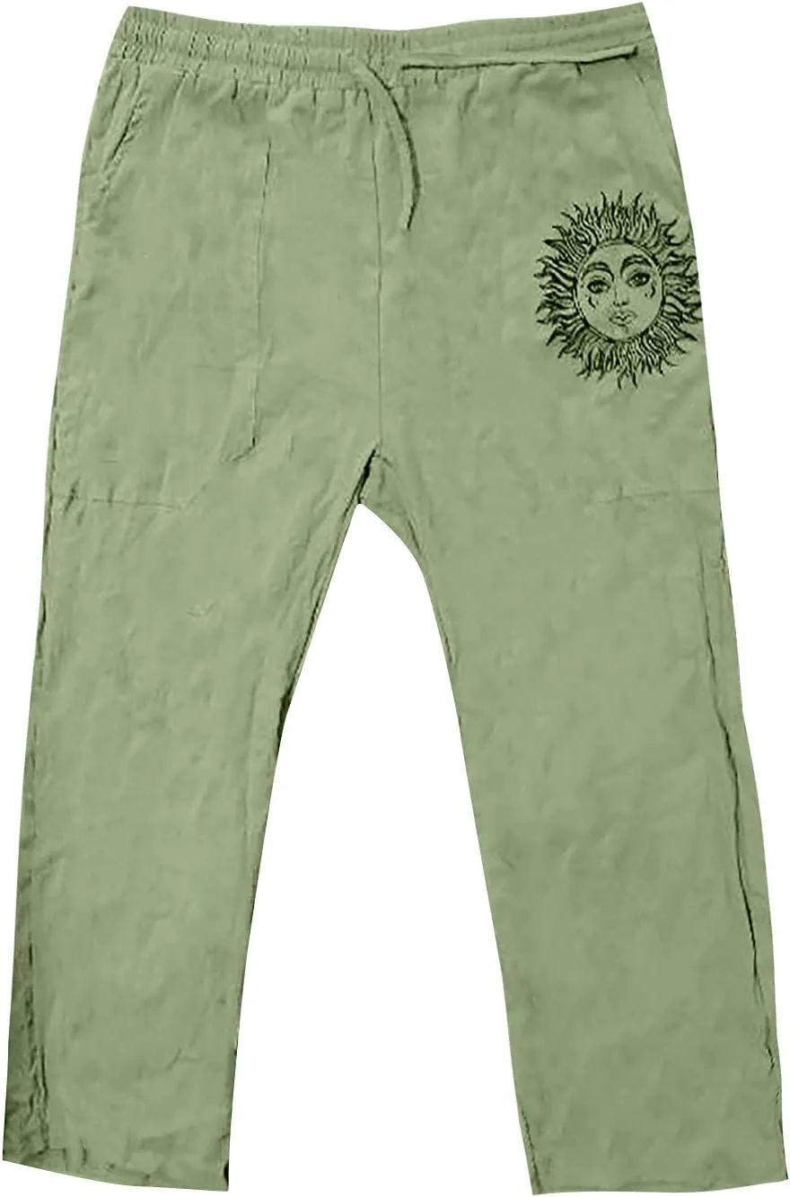 WENKOMG1 Mens Cotton Linen Pants,Wide Leg Drawstring Closure Pull On Trousers Loose Fit Baggy Lounge Wide Leg Bottoms