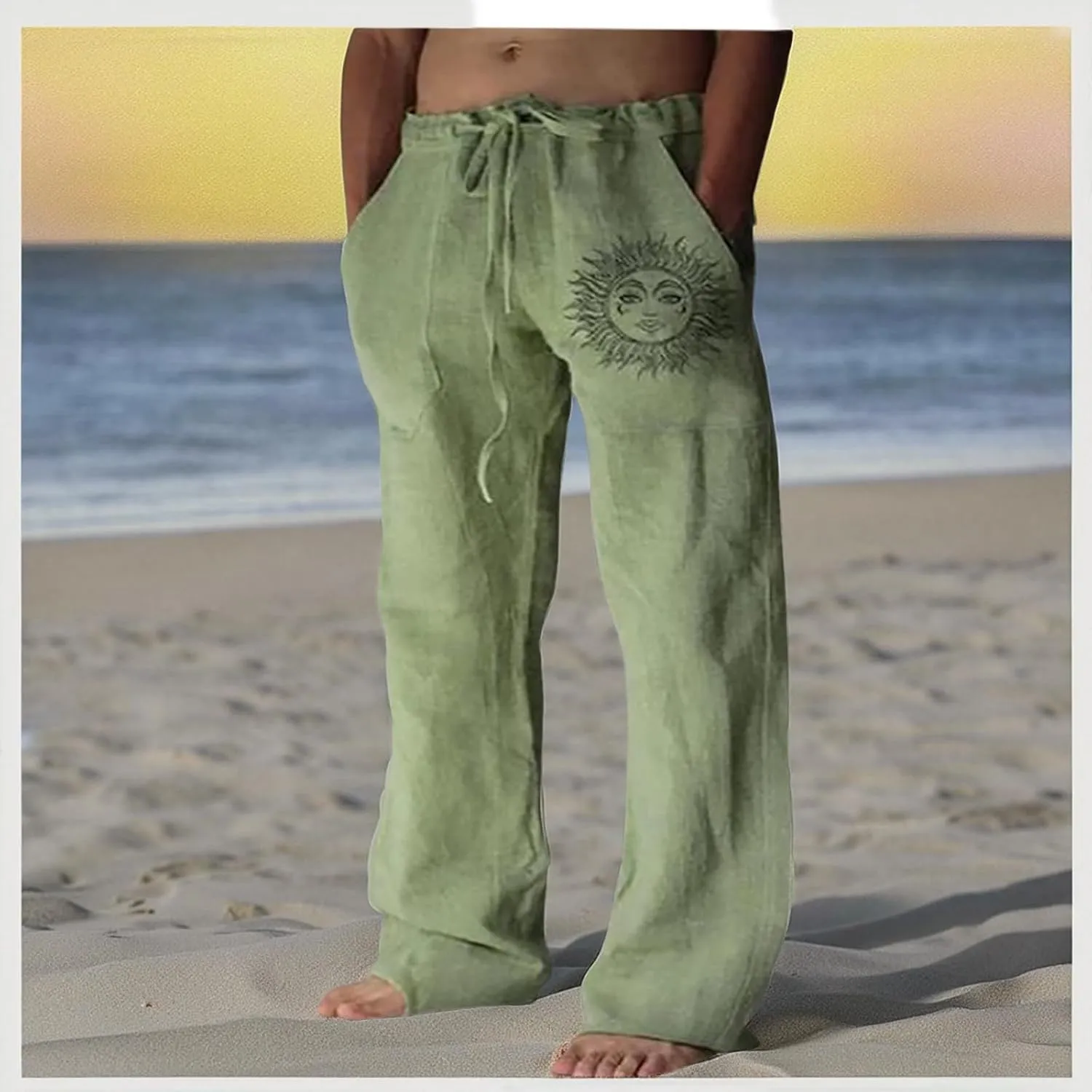 WENKOMG1 Mens Cotton Linen Pants,Wide Leg Drawstring Closure Pull On Trousers Loose Fit Baggy Lounge Wide Leg Bottoms